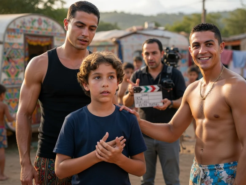 Marco Cortes se tient près d'un garçon et d'un acteur musclé devant des caravanes