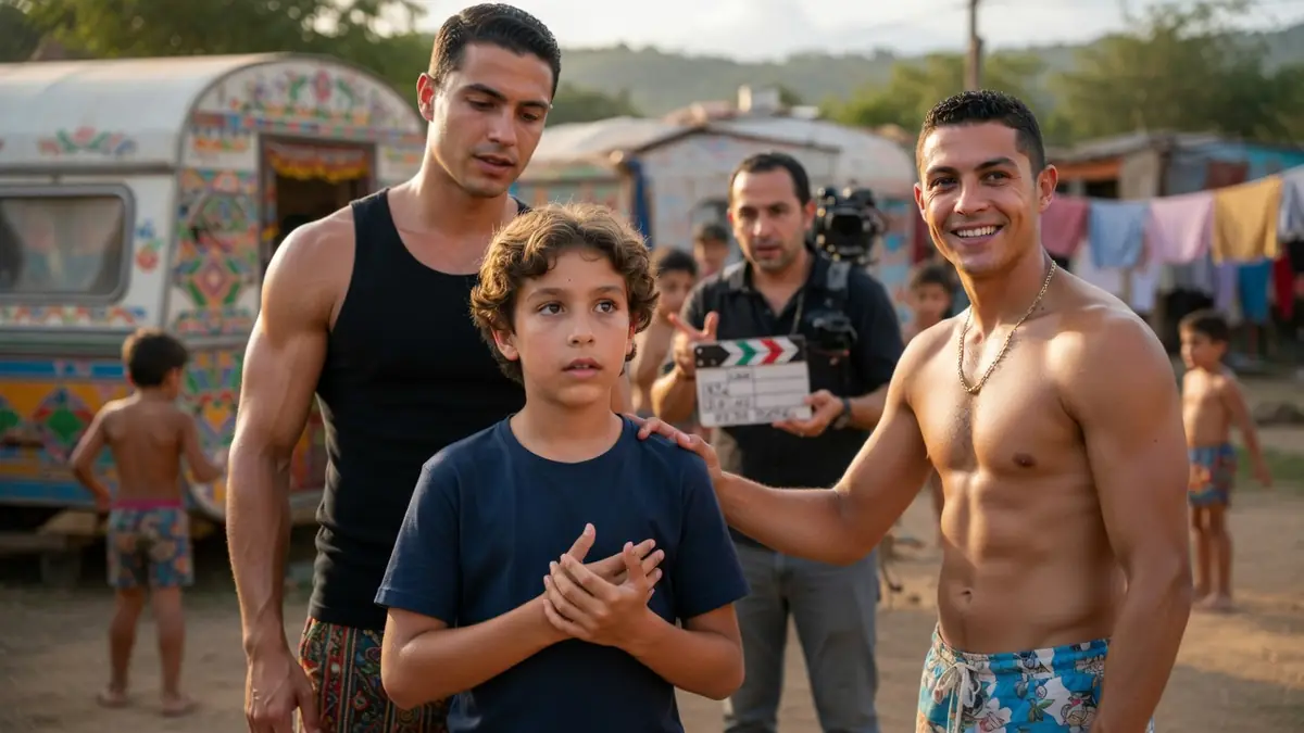 Marco Cortes se tient près d'un garçon et d'un acteur musclé devant des caravanes