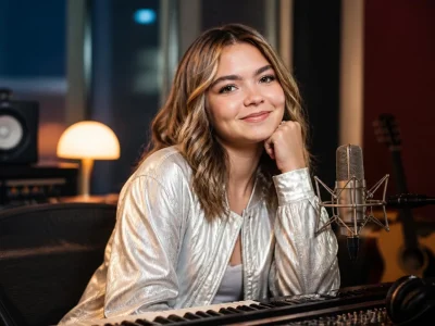 Portrait en studio de la jeune chanteuse melissa Star Academy posant devant un micro et un clavier