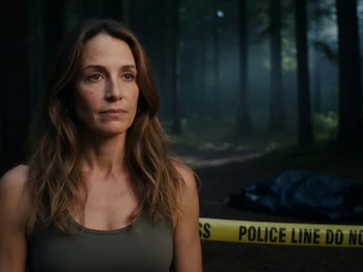 Julie Martin se trouve sur une scène de crime dans une forêt avec un sac mortuaire en arrière-plan