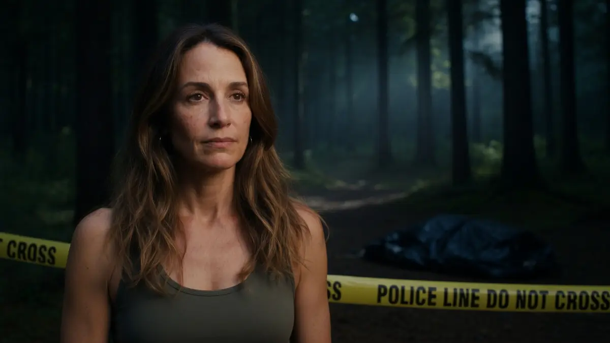 Julie Martin se trouve sur une scène de crime dans une forêt avec un sac mortuaire en arrière-plan
