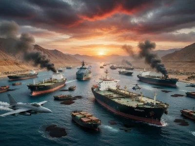 Des pétroliers traversent le détroit d'Ormuz avec des avions militaires sous un ciel de feu