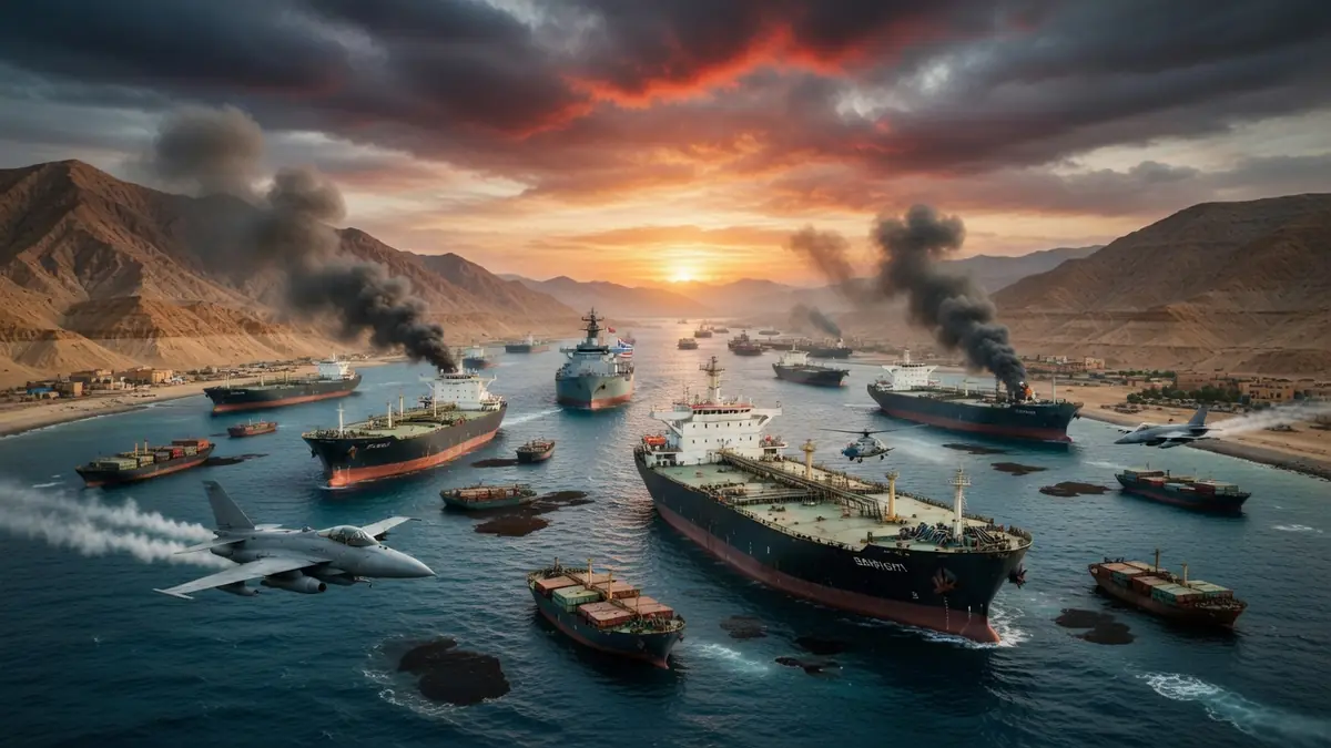 Des pétroliers traversent le détroit d'Ormuz avec des avions militaires sous un ciel de feu