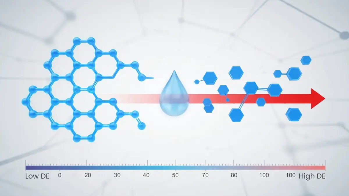 Illustration du dextrose équivalent montrant la cassure d'une molécule en fragments plus petits par une goutte liquide.