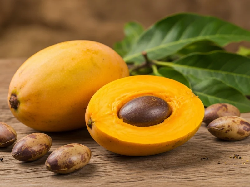 Une mangue sauvage entière et coupée avec feuilles vertes sur une table en bois