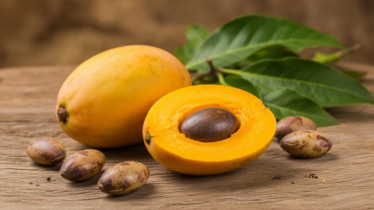 Une mangue sauvage entière et coupée avec feuilles vertes sur une table en bois