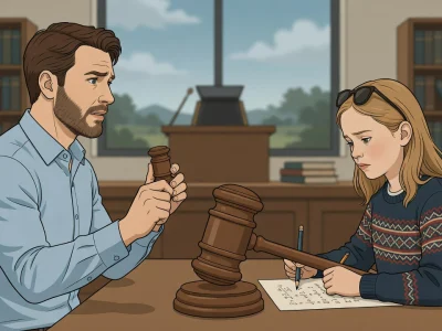 Un homme discute sérieusement avec la jeune Mary dans un décor évoquant un tribunal ou une bibliothèque
