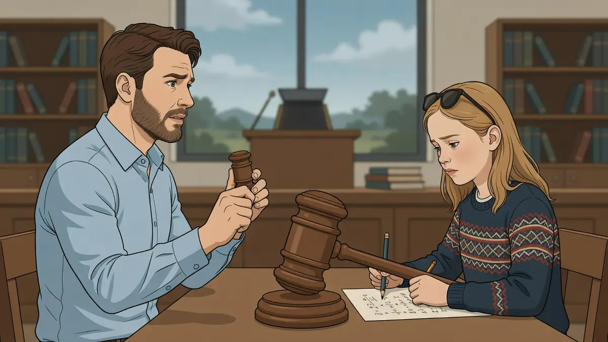 Un homme discute sérieusement avec la jeune Mary dans un décor évoquant un tribunal ou une bibliothèque