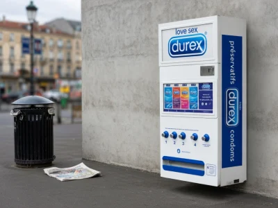 Un distributeur préservatifs fixé sur un mur en béton dans une rue urbaine
