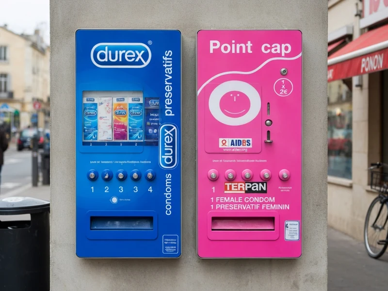 Un distributeur préservatif est fixé à un pilier au bord d'une rue ```