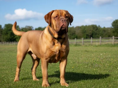 Un dogue chien fauve se tient dans un pré verdoyant