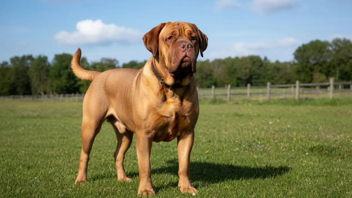 Un dogue chien fauve se tient dans un pré verdoyant
