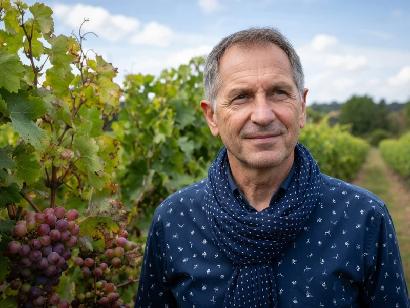 Michel Gros au milieu des rangs de vigne avec des raisins visibles
