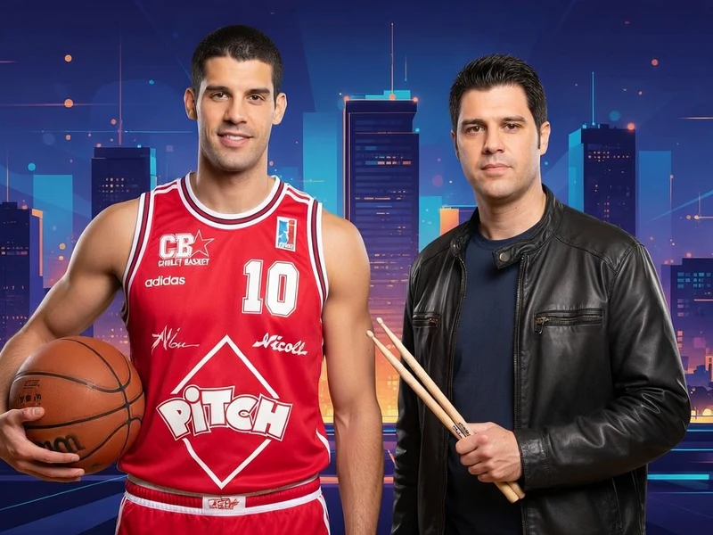 Fabien Dubos est représenté à la fois en basketteur avec un ballon et en musicien avec des baguettes