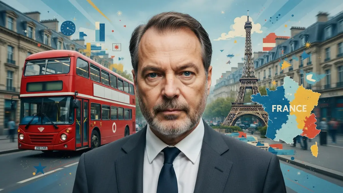 Philippe Dusseau en premier plan avec un bus à impériale rouge et la tour Eiffel en arrière-plan