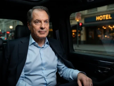 Philippe Dusseau est assis à l'arrière d'une voiture dans une rue de ville