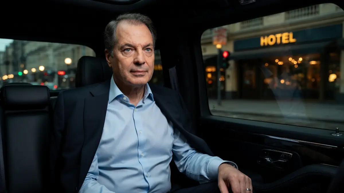 Philippe Dusseau est assis à l'arrière d'une voiture dans une rue de ville