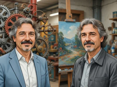 Philippe Vasseur apparaît en double portrait face à des engrenages industriels et dans un atelier artistique
