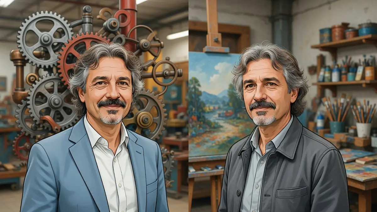 Philippe Vasseur apparaît en double portrait face à des engrenages industriels et dans un atelier artistique