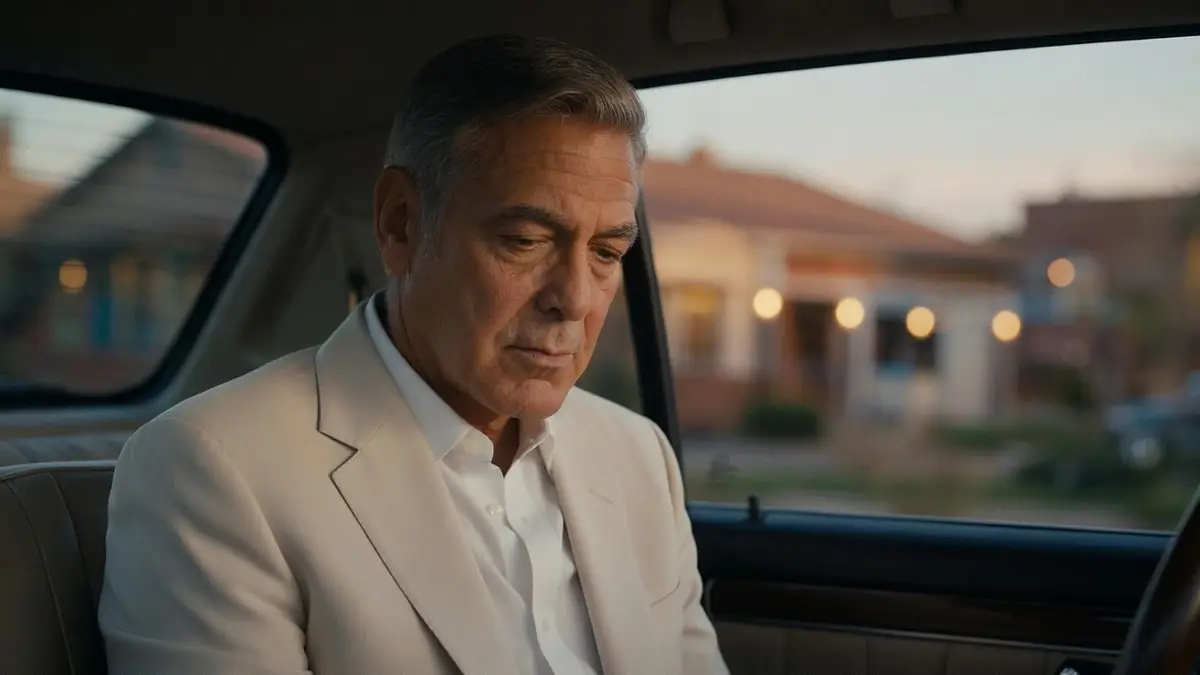 George Clooney incarne Jay Kelly dans une scène contemplative à l'arrière d'une voiture au crépuscule