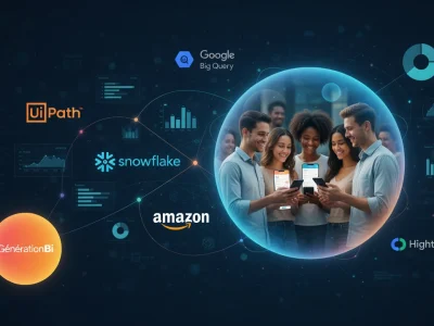 Jeunes de la génération Bi regardant leurs téléphones dans une bulle numérique entourée de graphiques