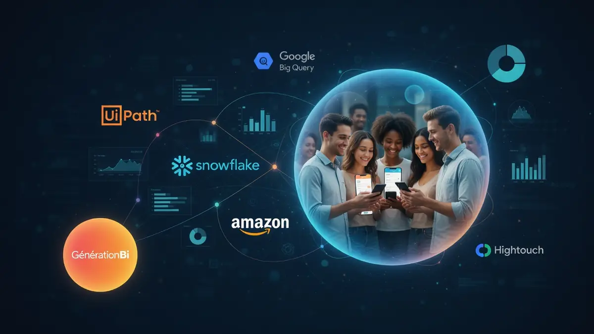 Jeunes de la génération Bi regardant leurs téléphones dans une bulle numérique entourée de graphiques