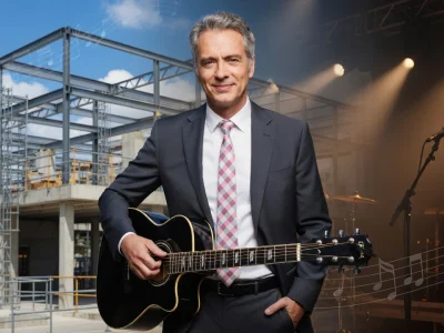 Nicolas Moreau en costume tient une guitare devant un chantier de construction et une scène musicale