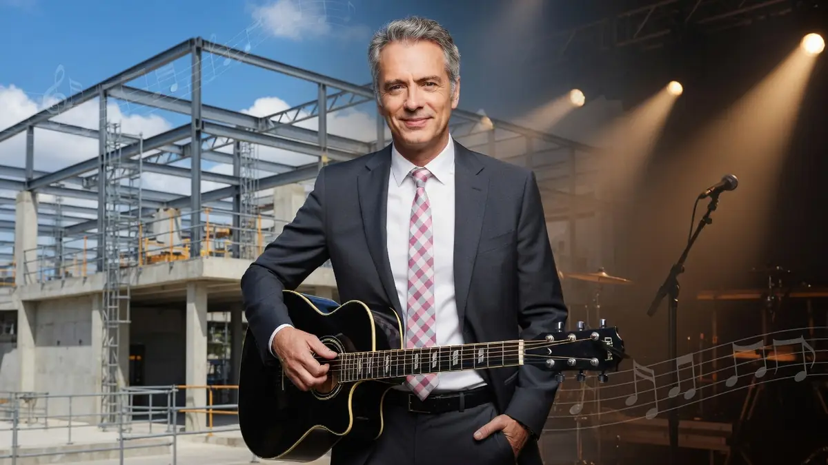 Nicolas Moreau en costume tient une guitare devant un chantier de construction et une scène musicale