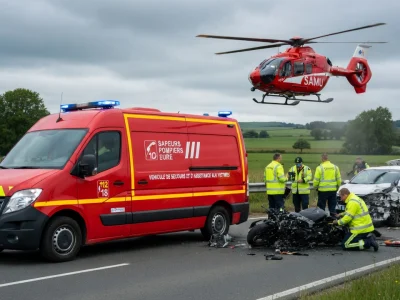 Intervention des secours suite à un grave accident Eure impliquant une voiture et une moto avec un hélicoptère du SAMU