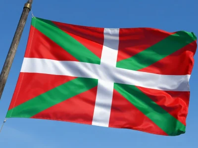 Un drapeau Basque ondule au vent sur un mât en bois devant un ciel bleu
