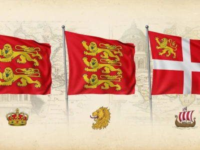Trois drapeaux illustrent le drapeau Normandie accompagnés de symboles historiques