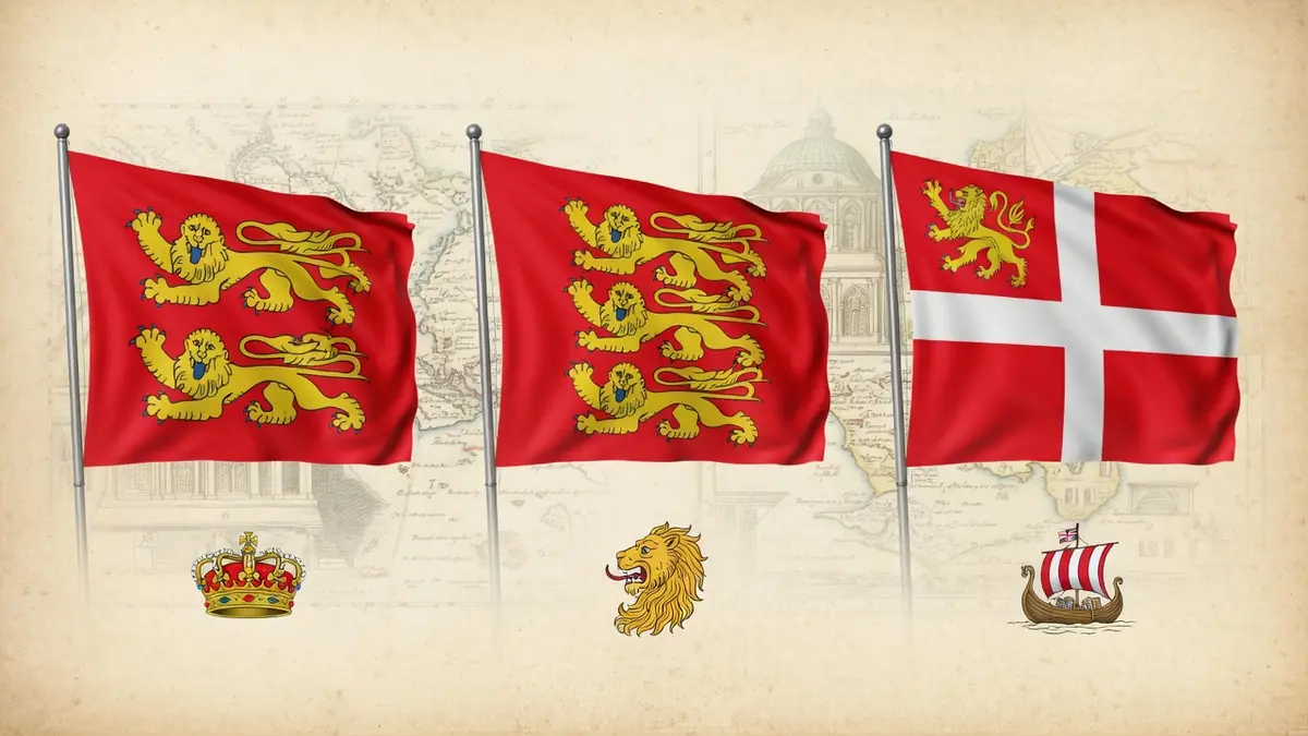 Trois drapeaux illustrent le drapeau Normandie accompagnés de symboles historiques
