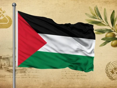 Le drapeau Palestine flotte fièrement sur un fond symbolique avec une branche d'olivier