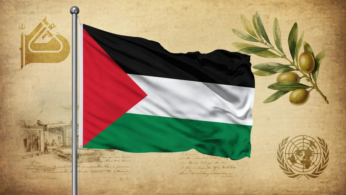 Le drapeau Palestine flotte fièrement sur un fond symbolique avec une branche d'olivier