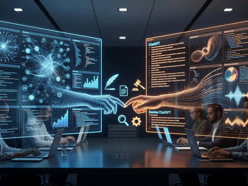 Des professionnels en réunion observent des mains holographiques symbolisant Gemini ou ChatGPT