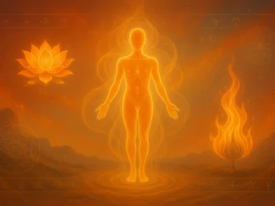 Silhouette humaine lumineuse orange avec lotus et flamme illustrant la signification spirituelle de la couleur orange