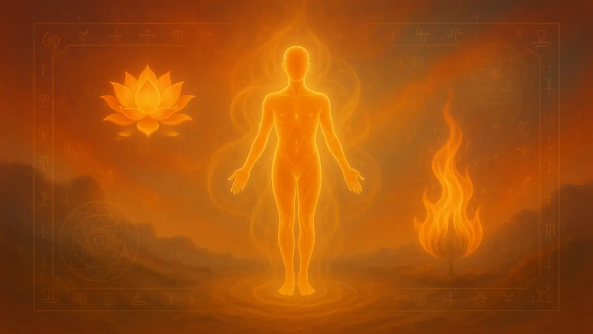Silhouette humaine lumineuse orange avec lotus et flamme illustrant la signification spirituelle de la couleur orange