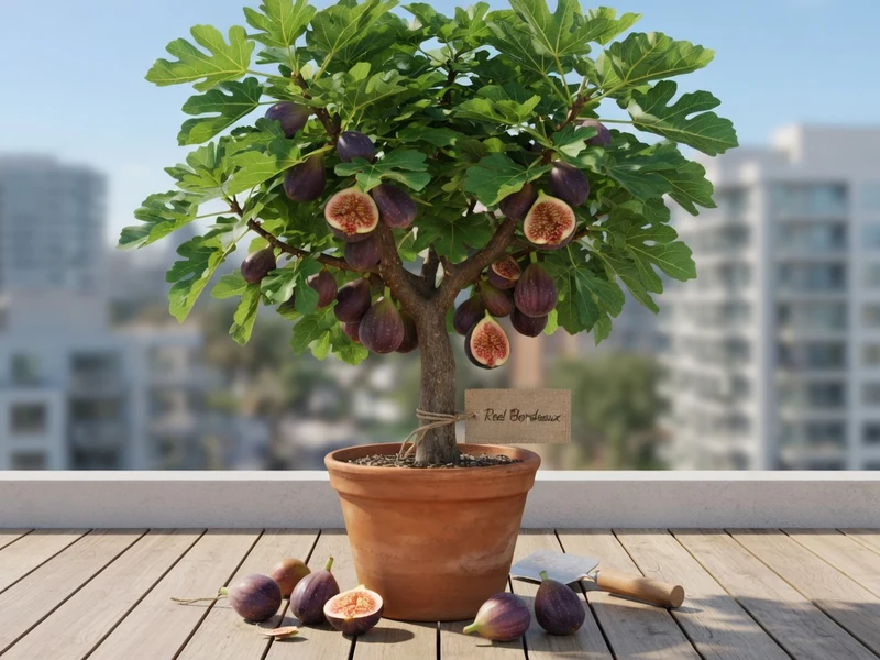 Un figuier rouge de Bordeaux en pot sur une terrasse en bois avec des figues