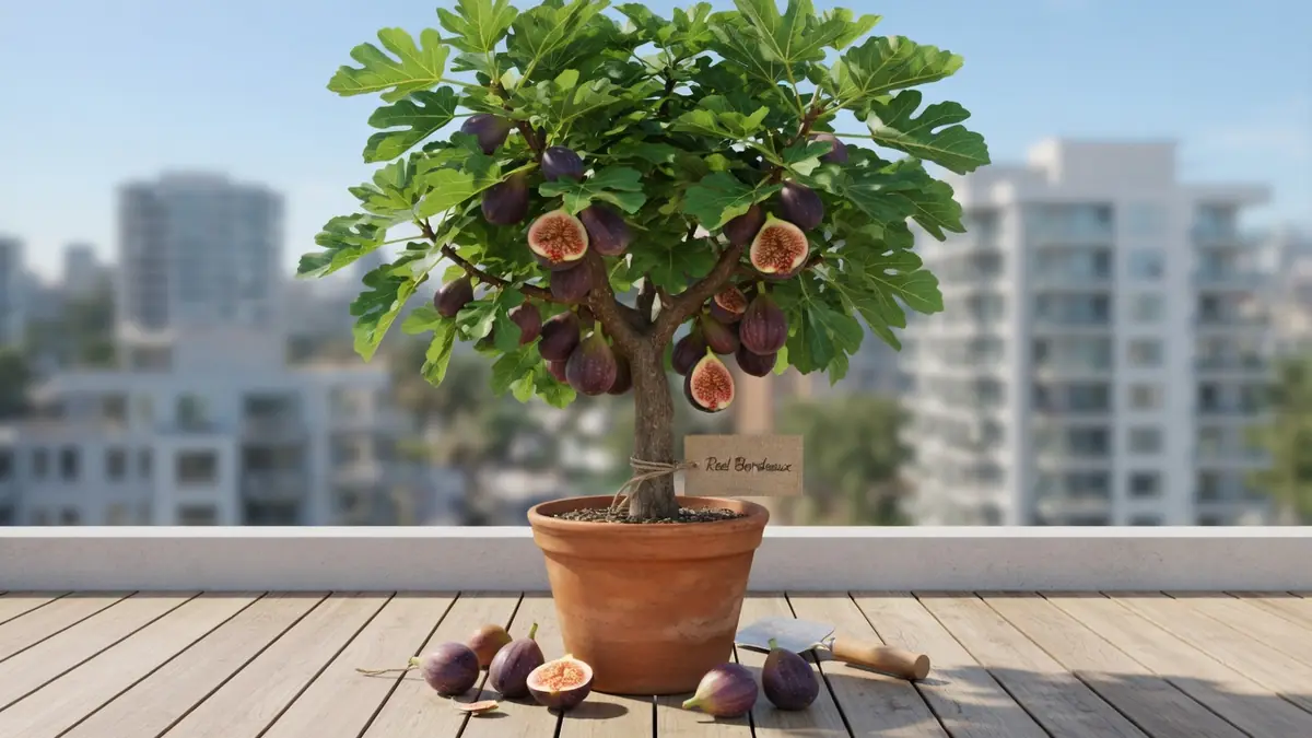 Un figuier rouge de Bordeaux en pot sur une terrasse en bois avec des figues