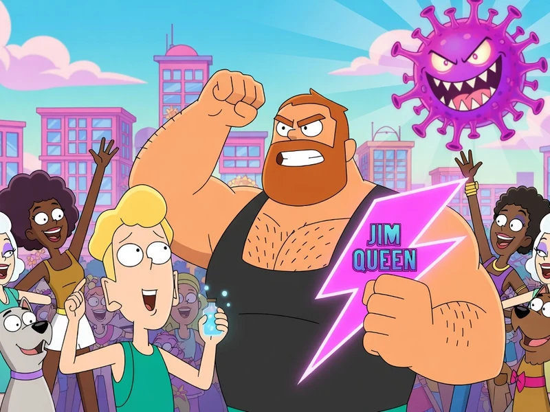 Le personnage musclé Jim Queen pose fièrement avec des amis devant un virus animé dans un décor urbain coloré