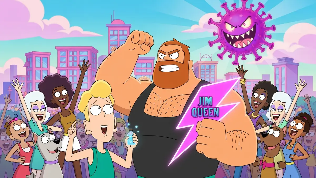 Le personnage musclé Jim Queen pose fièrement avec des amis devant un virus animé dans un décor urbain coloré