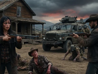 Deux survivants armés font face à des zombies devant une maison en bois dans le film forgive us all