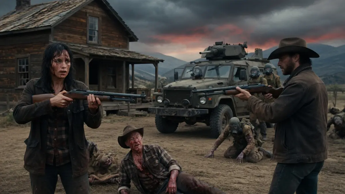 Deux survivants armés font face à des zombies devant une maison en bois dans le film forgive us all