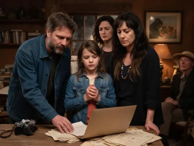 Une famille concentrée regarde un ordinateur dans le film sauvons Les Meubles