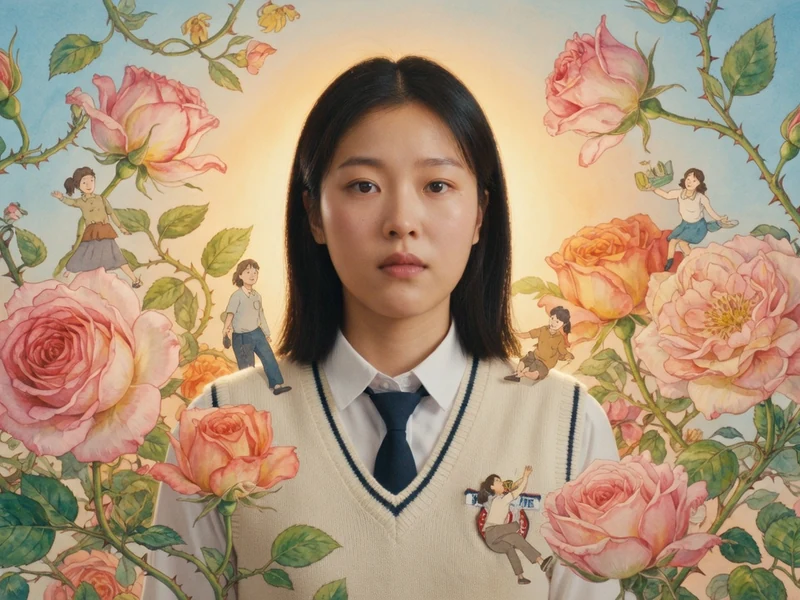 Une jeune fille en uniforme scolaire entourée de roses et de petits personnages illustrant the World of Love