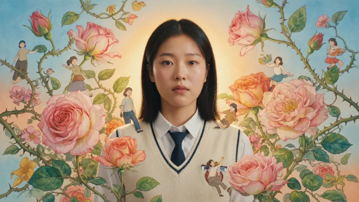 Une jeune fille en uniforme scolaire entourée de roses et de petits personnages illustrant the World of Love