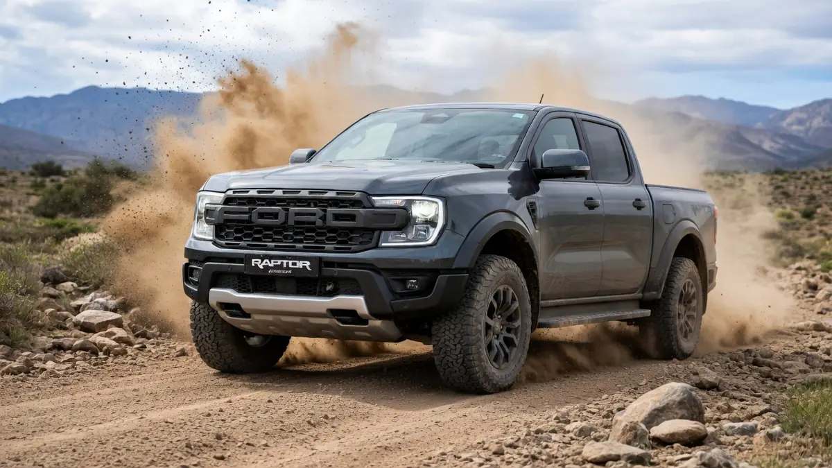 Un Ford Raptor gris soulève de la poussière en roulant sur un chemin de terre rocailleux