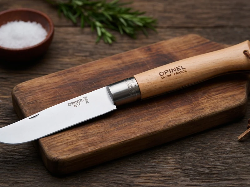 Un couteau de poche Opinel 13 posé sur une planche à découper en bois avec un bol de sel et des herbes aromatiques