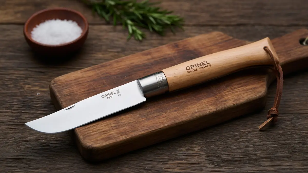 Un couteau de poche Opinel 13 posé sur une planche à découper en bois avec un bol de sel et des herbes aromatiques