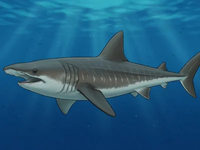 Un requin pèlerin nage dans l'océan bleu sous les rayons du soleil